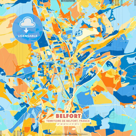 Belfort, Territoire de Belfort, France blue and orange vector art map template