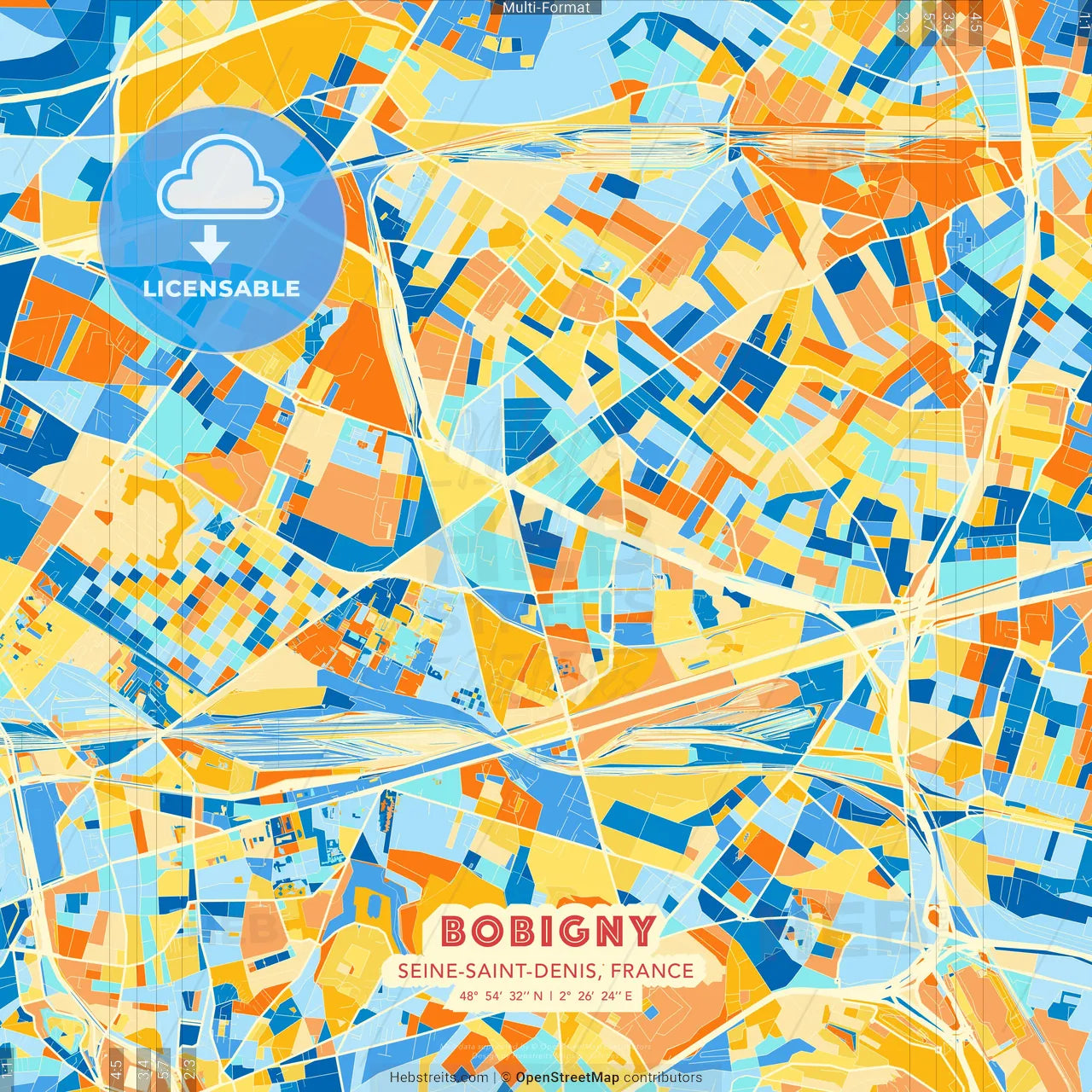 Bobigny, Seine-Saint-Denis, France blue and orange vector art map template