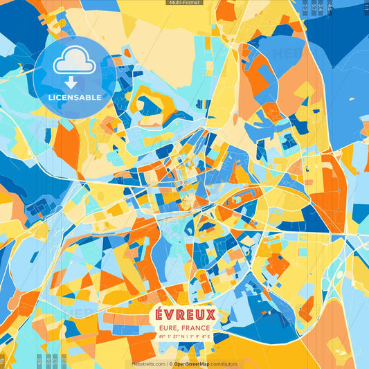 Évreux, Eure, France blue and orange vector art map template