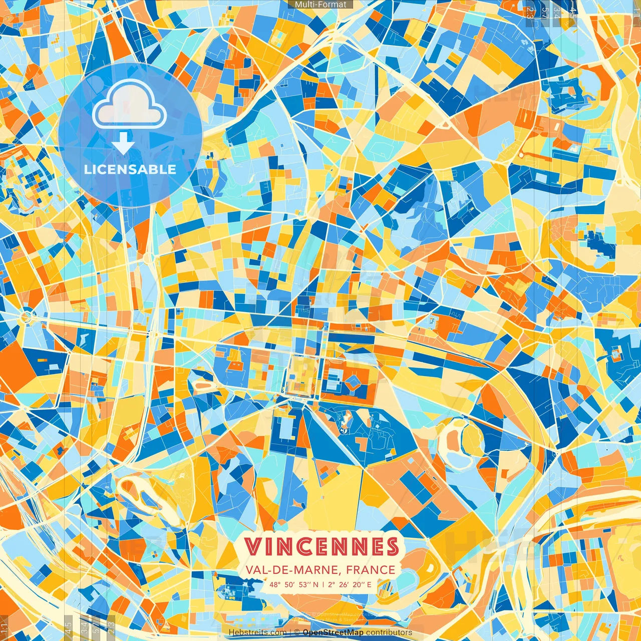 Vincennes, Val-de-Marne, France blue and orange vector art map template