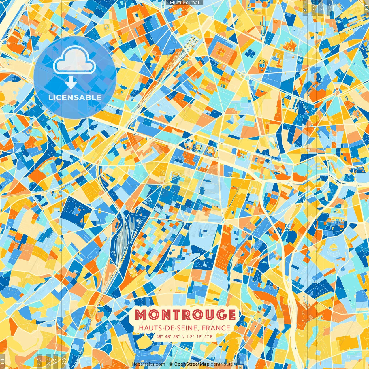 Montrouge, Hauts-de-Seine, France blue and orange vector art map template