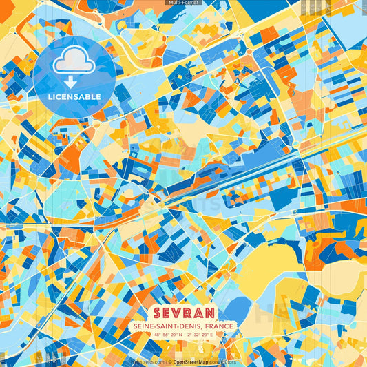 Sevran, Seine-Saint-Denis, France blue and orange vector art map template