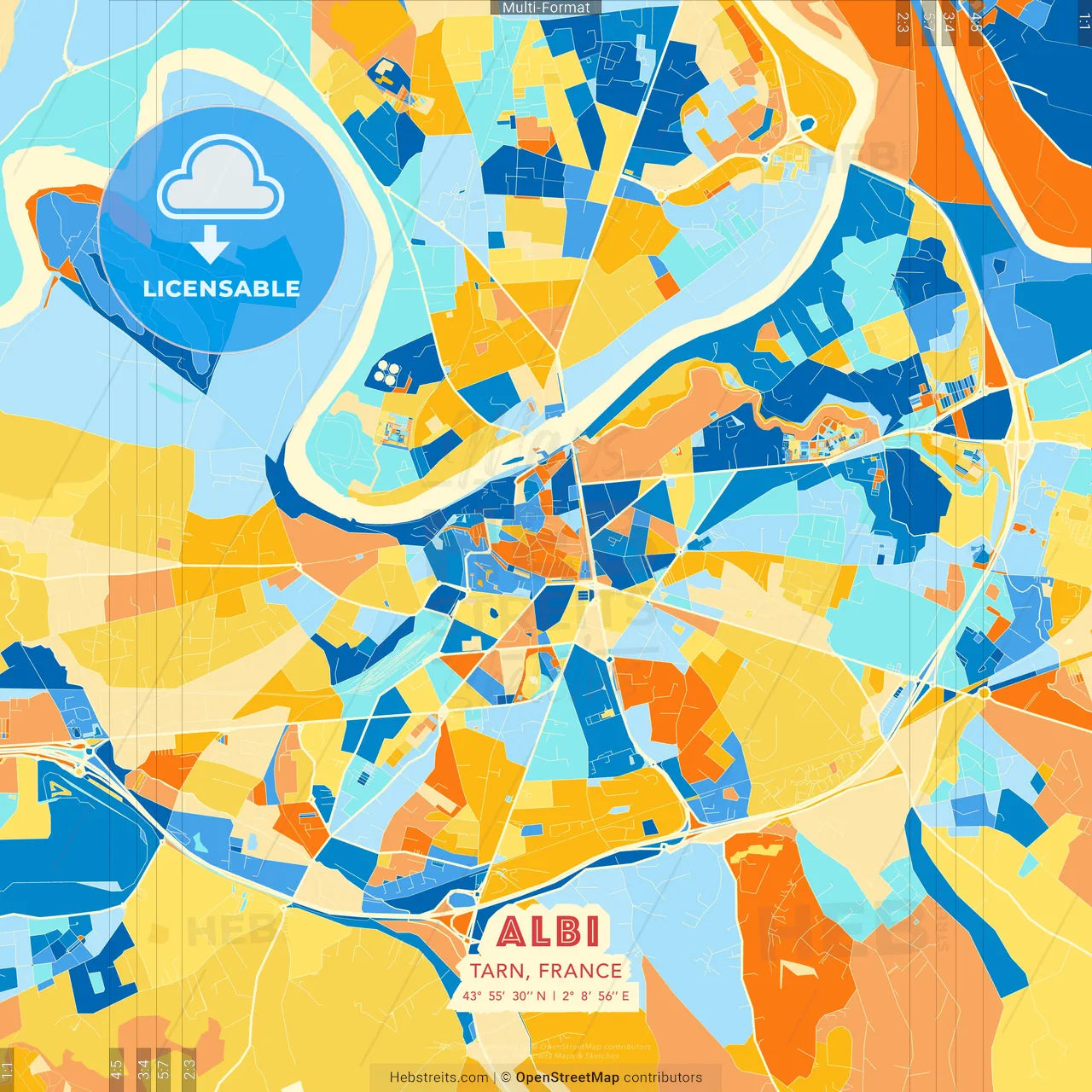 Albi, Tarn, France blue and orange vector art map template