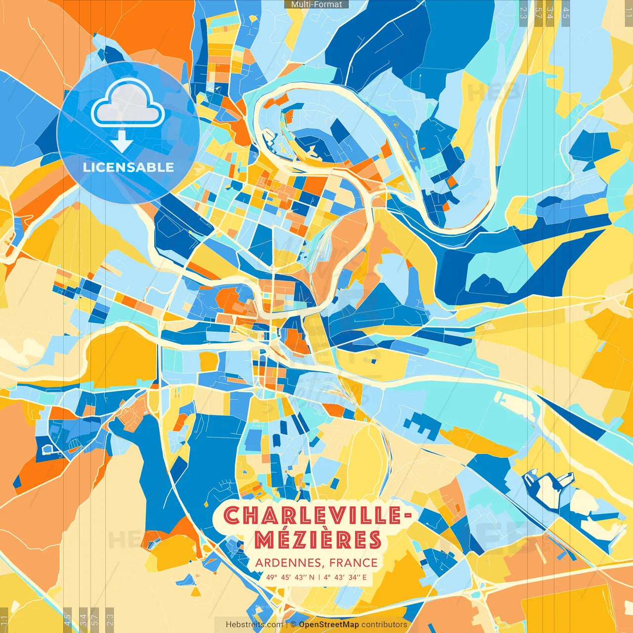 Charleville-Mézières, Ardennes, France blue and orange vector art map template