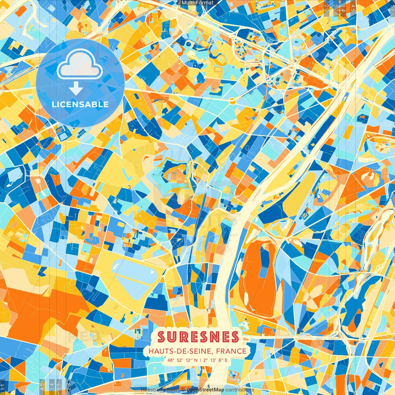 Suresnes, Hauts-de-Seine, France blue and orange vector art map template