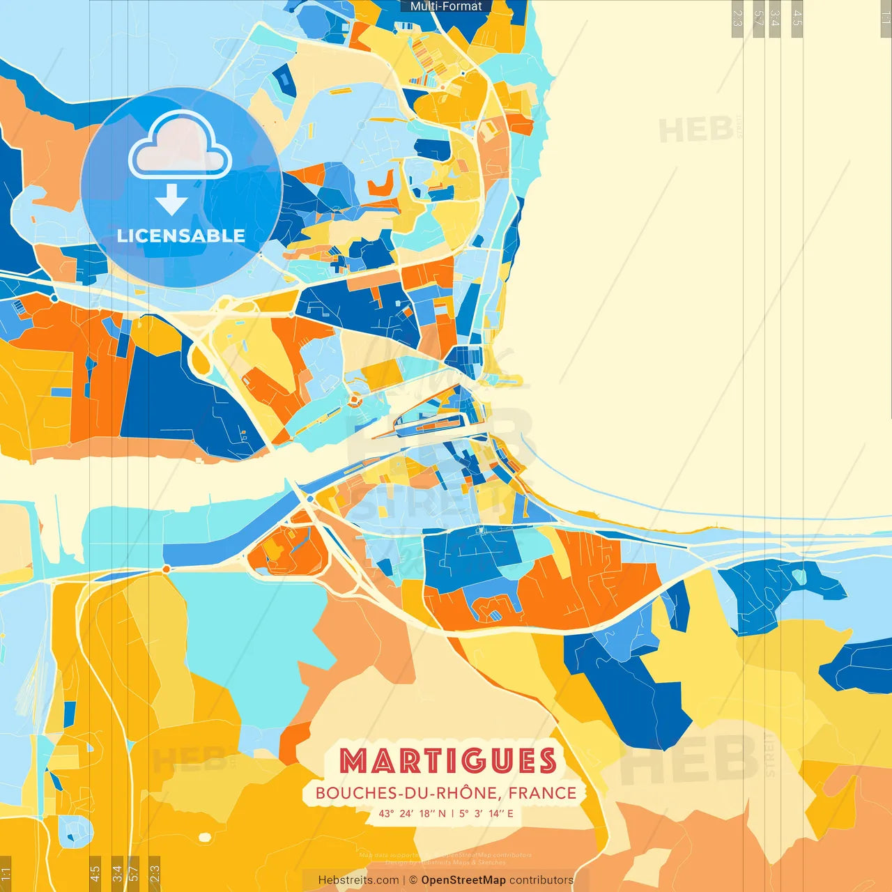 Martigues, Bouches-du-Rhône, France blue and orange vector art map template