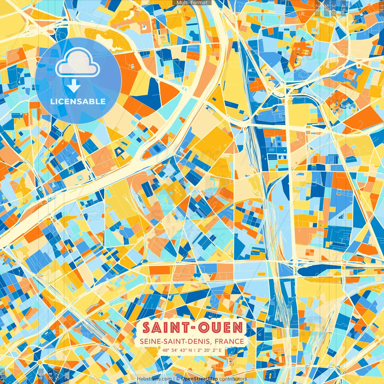 Saint-Ouen, Seine-Saint-Denis, France blue and orange vector art map template