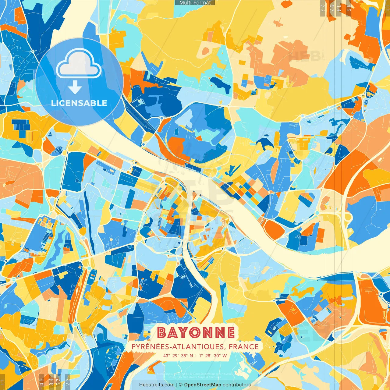 Bayonne, Pyrénées-Atlantiques, France blue and orange vector art map template