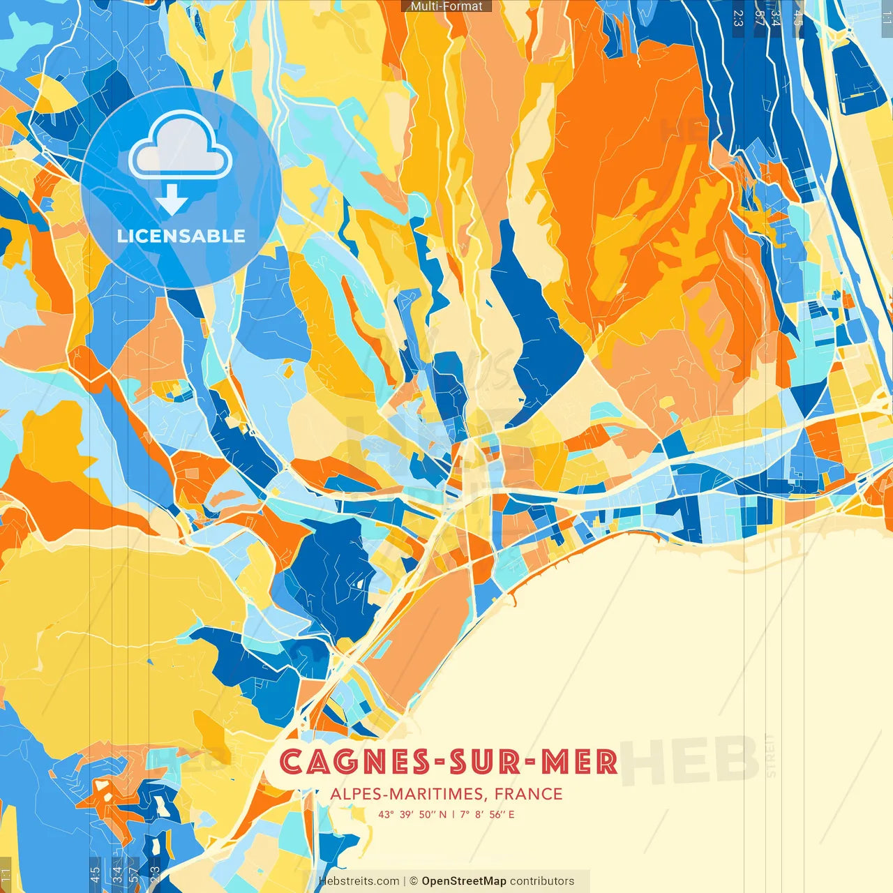 Cagnes-sur-Mer, Alpes-Maritimes, France blue and orange vector art map template