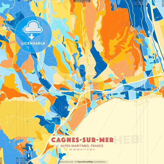 Cagnes-sur-Mer, Alpes-Maritimes, France blue and orange vector art map template