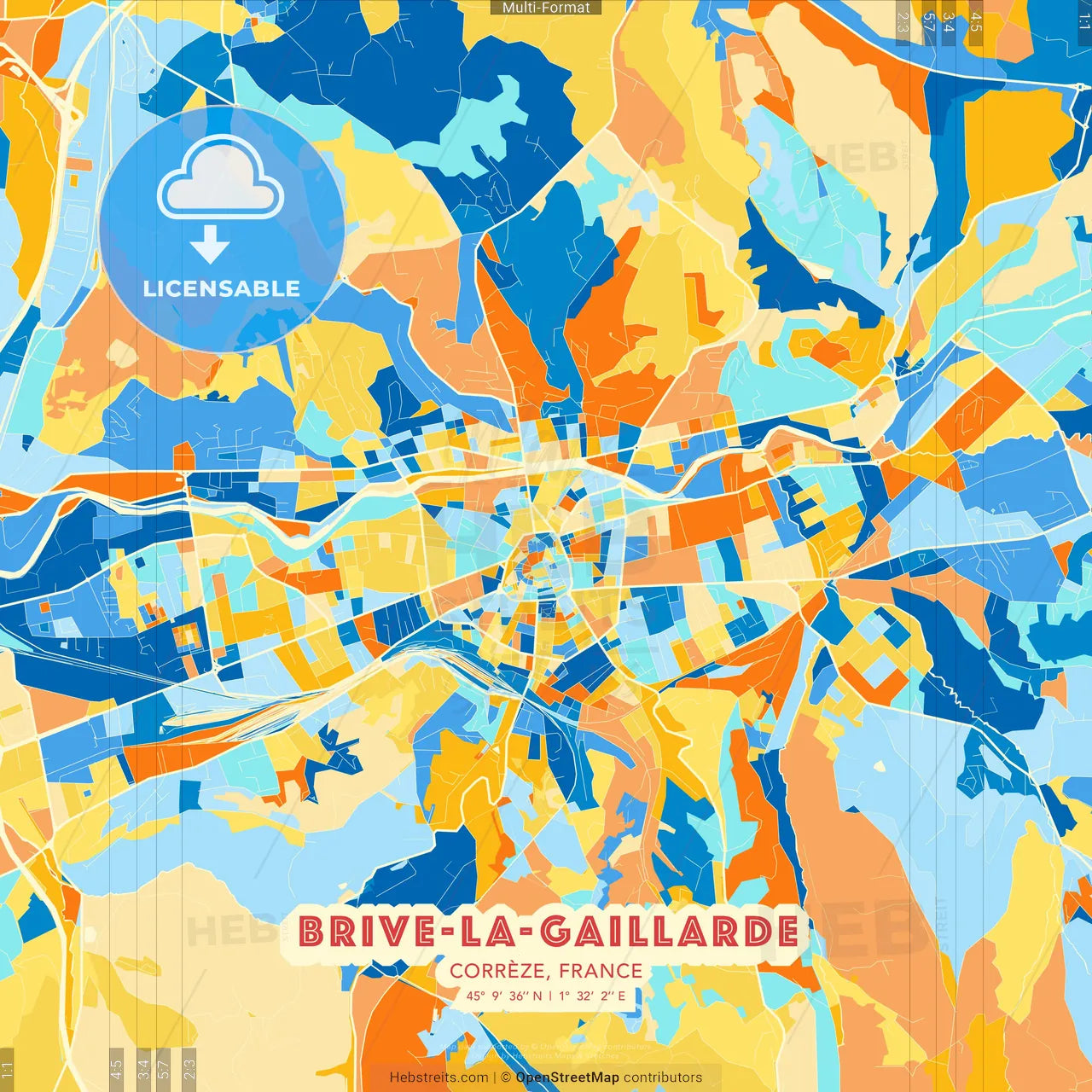 Brive-la-Gaillarde, Corrèze, France blue and orange vector art map template