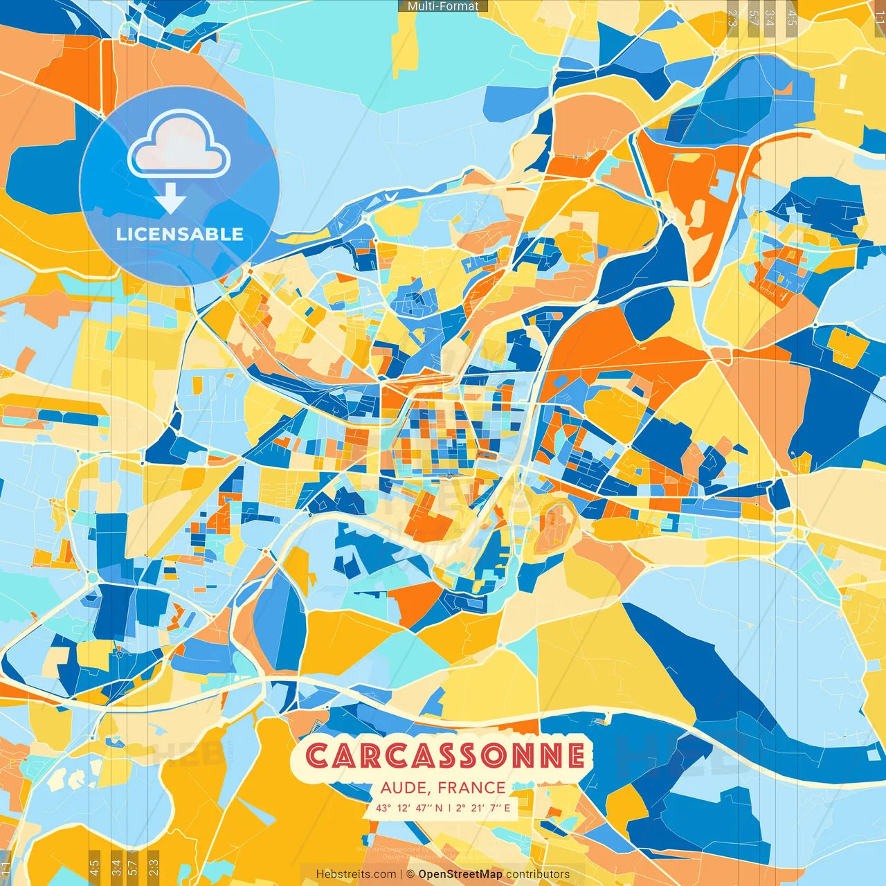 Carcassonne, Aude, France blue and orange vector art map template