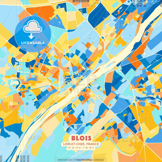 Blois, Loir-et-Cher, France blue and orange vector art map template