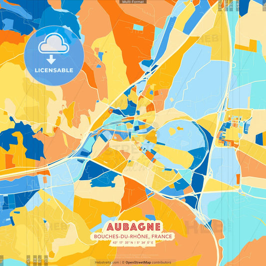 Aubagne, Bouches-du-Rhône, France blue and orange vector art map template