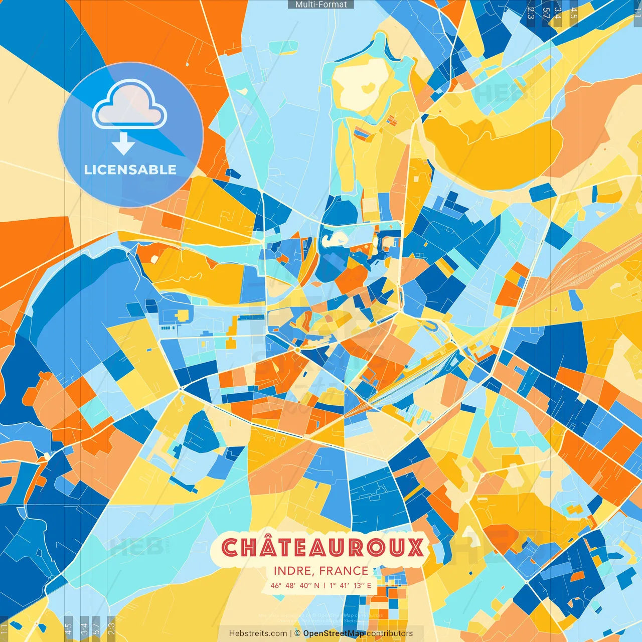 Châteauroux, Indre, France blue and orange vector art map template