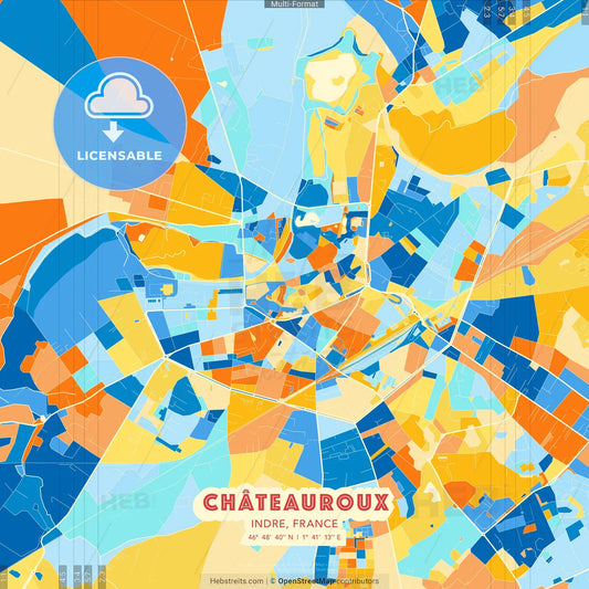 Châteauroux, Indre, France blue and orange vector art map template