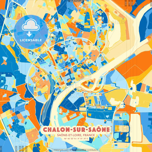 Chalon-sur-Saône, Saône-et-Loire, France blue and orange vector art map template