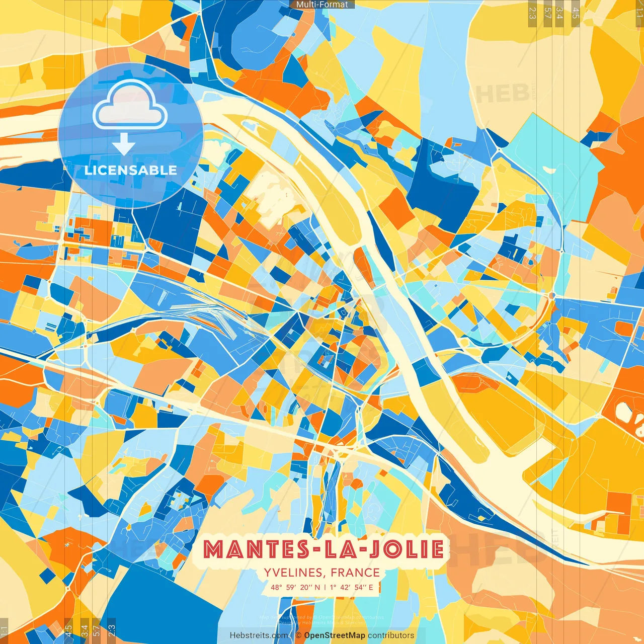 Mantes-la-Jolie, Yvelines, France blue and orange vector art map template