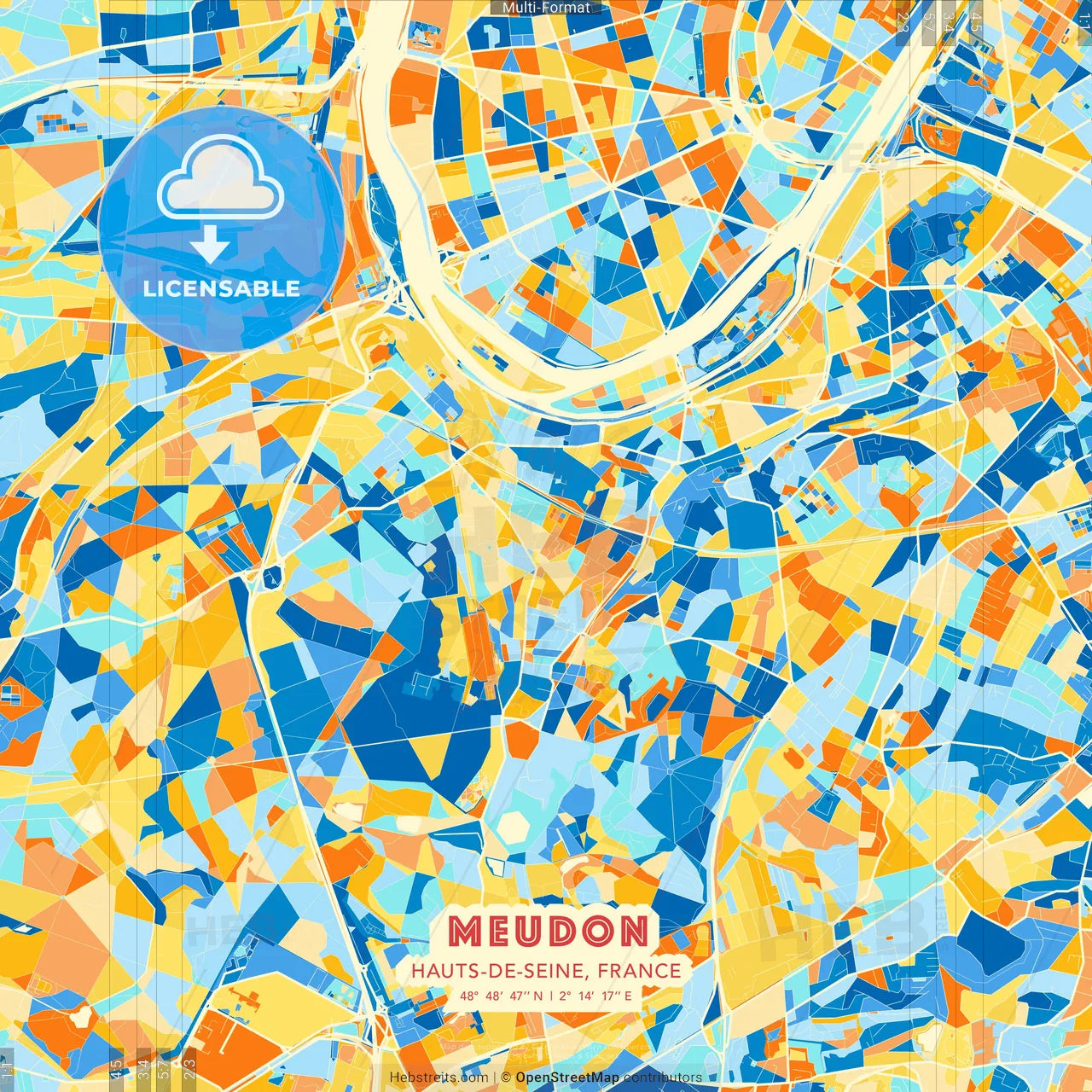 Meudon, Hauts-de-Seine, France blue and orange vector art map template