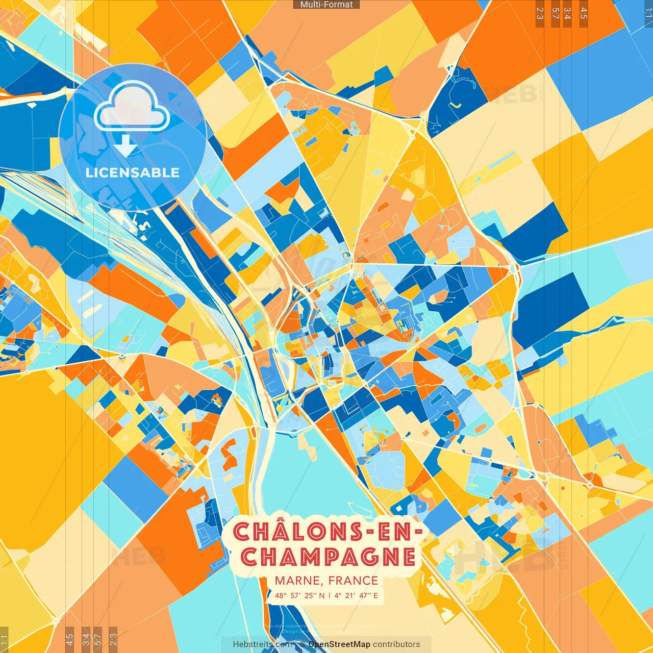 Châlons-en-Champagne, Marne, France blue and orange vector art map template