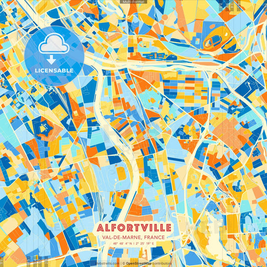 Alfortville, Val-de-Marne, France blue and orange vector art map template