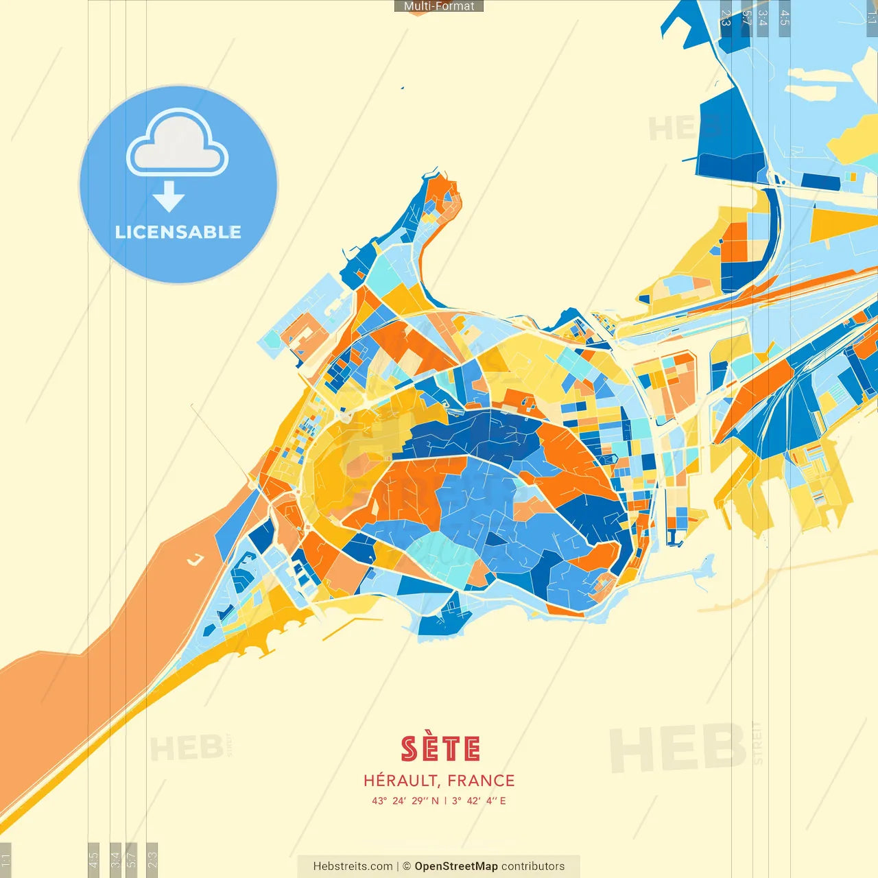Sète, Hérault, France blue and orange vector art map template