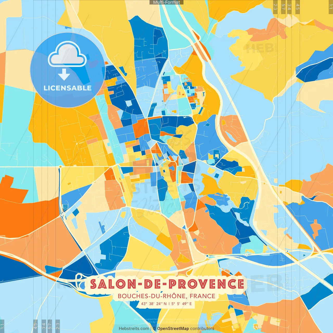 Salon-de-Provence, Bouches-du-Rhône, France blue and orange vector art map template