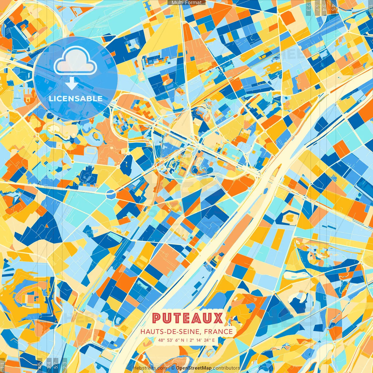 Puteaux, Hauts-de-Seine, France blue and orange vector art map template