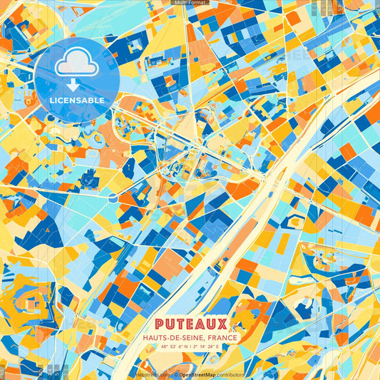 Puteaux, Hauts-de-Seine, France blue and orange vector art map template