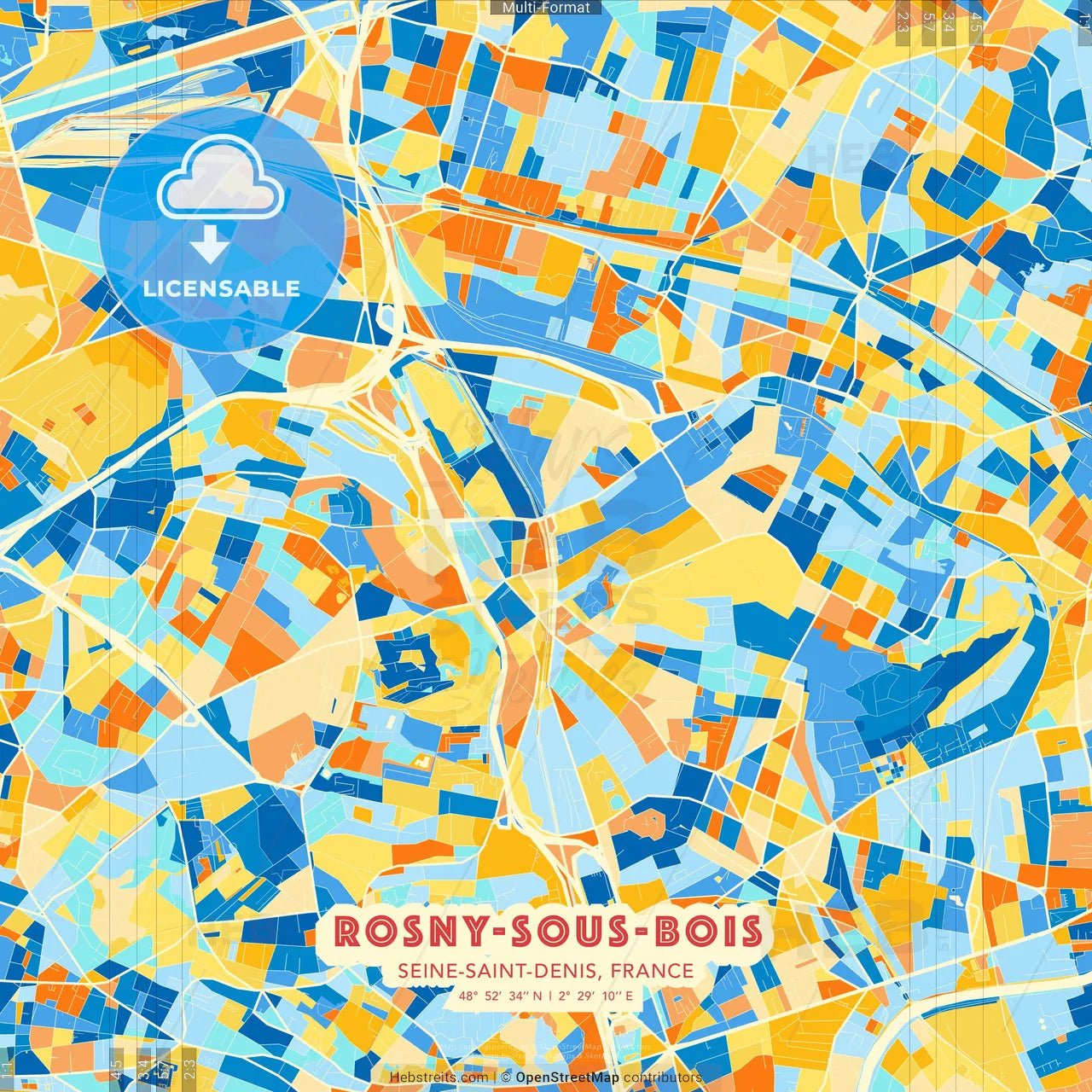 Rosny-sous-Bois, Seine-Saint-Denis, France blue and orange vector art map template