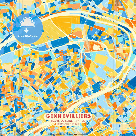 Gennevilliers, Hauts-de-Seine, France blue and orange vector art map template