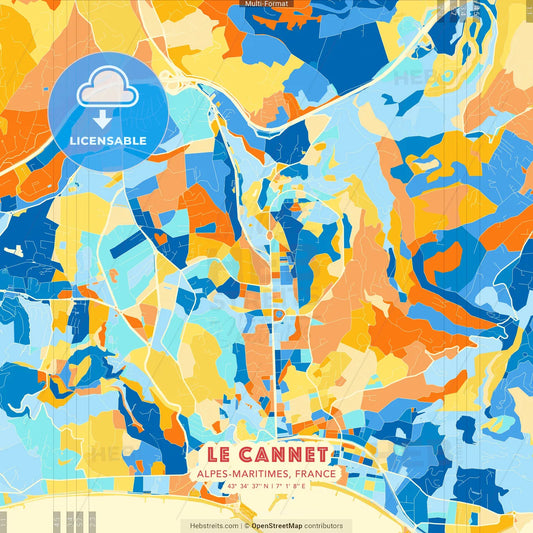 Le Cannet, Alpes-Maritimes, France blue and orange vector art map template