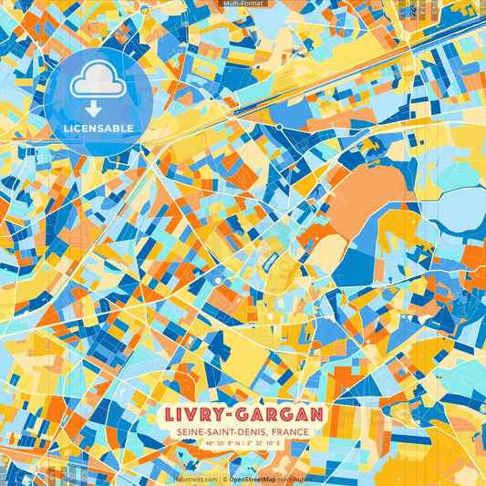 Livry-Gargan, Seine-Saint-Denis, France blue and orange vector art map template