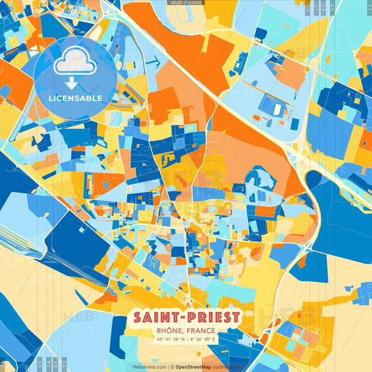 Saint-Priest, Rhône, France blue and orange vector art map template
