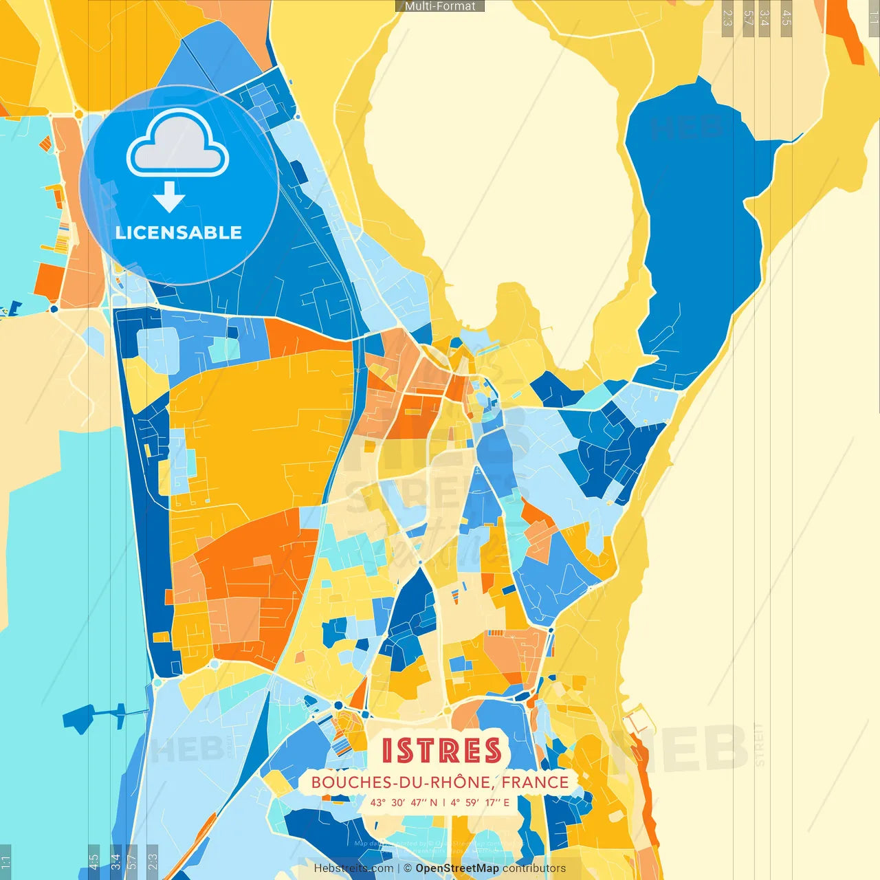 Istres, Bouches-du-Rhône, France blue and orange vector art map template