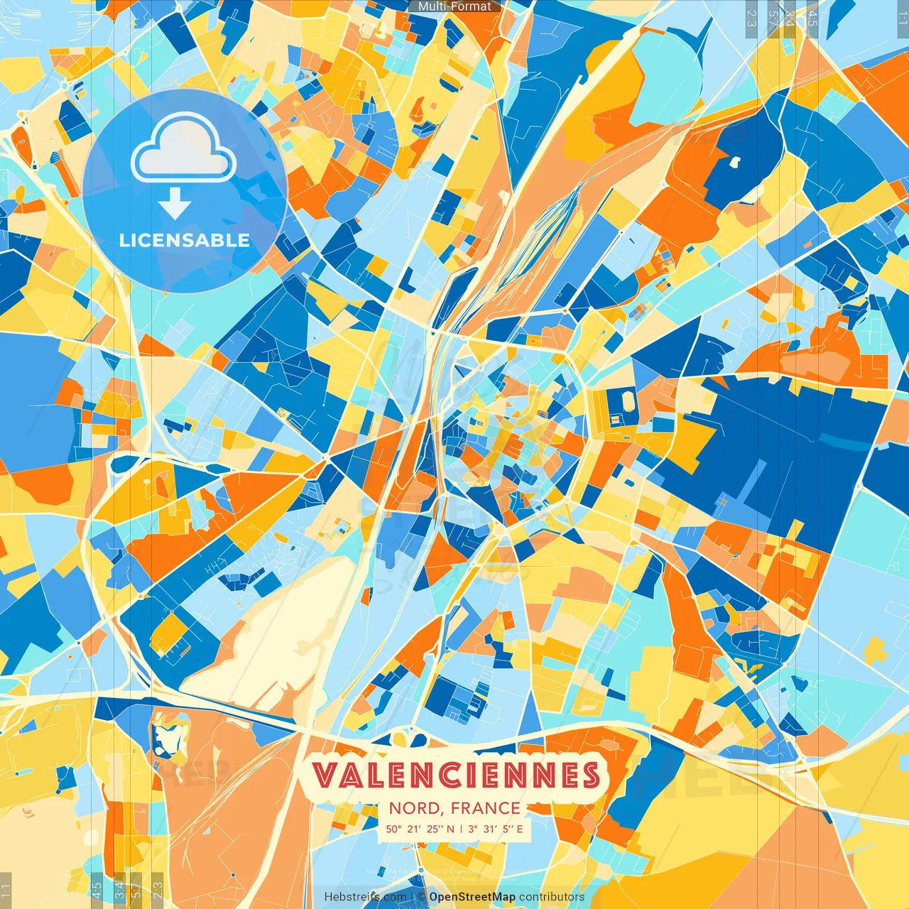 Valenciennes, Nord, France blue and orange vector art map template