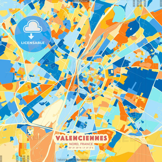 Valenciennes, Nord, France blue and orange vector art map template