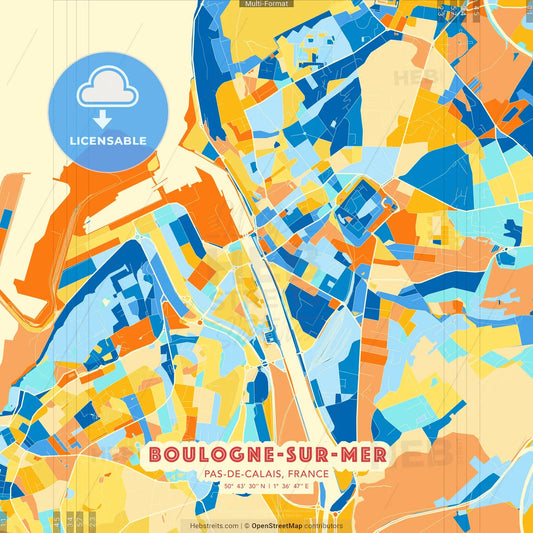 Boulogne-sur-Mer, Pas-de-Calais, France blue and orange vector art map template
