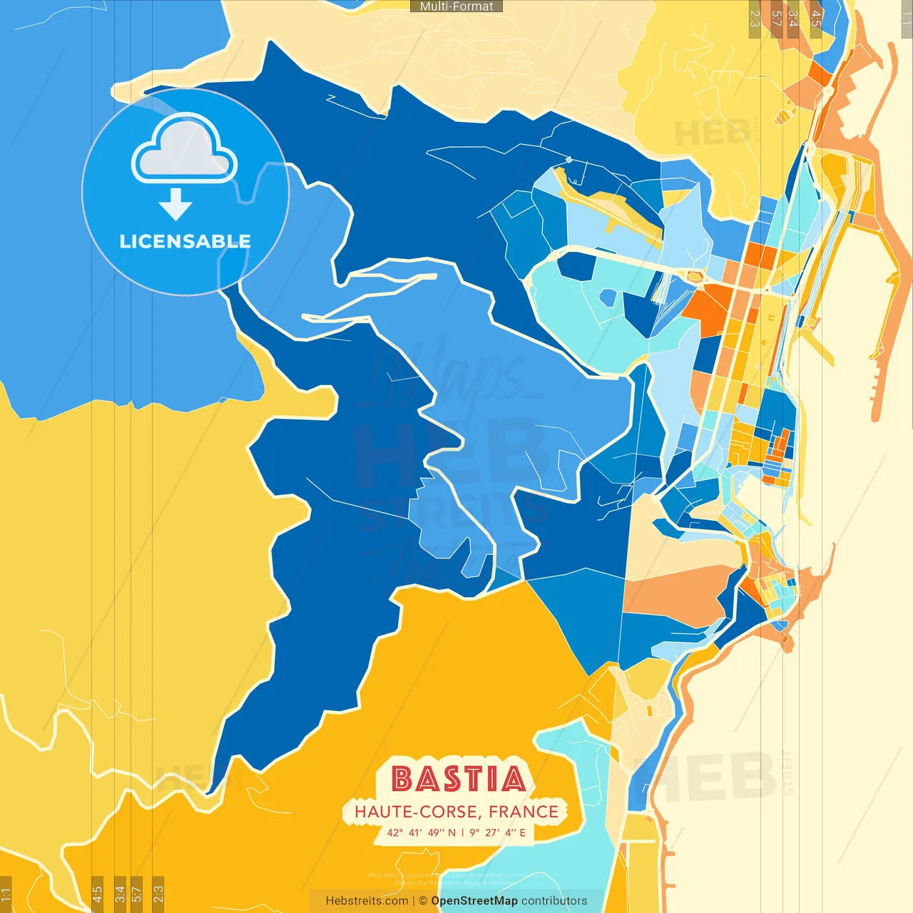 Bastia, Haute-Corse, France blue and orange vector art map template