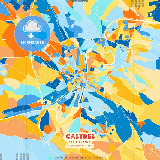 Castres, Tarn, France blue and orange vector art map template