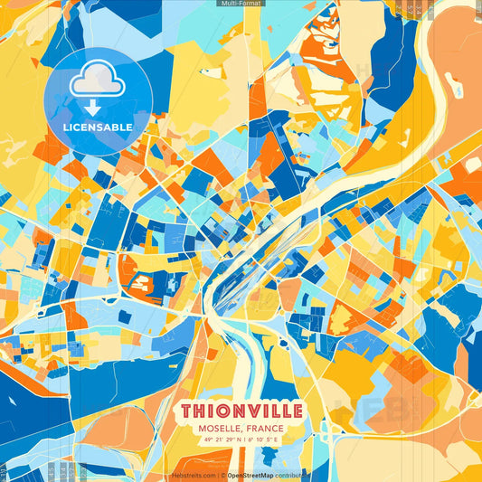 Thionville, Moselle, France blue and orange vector art map template
