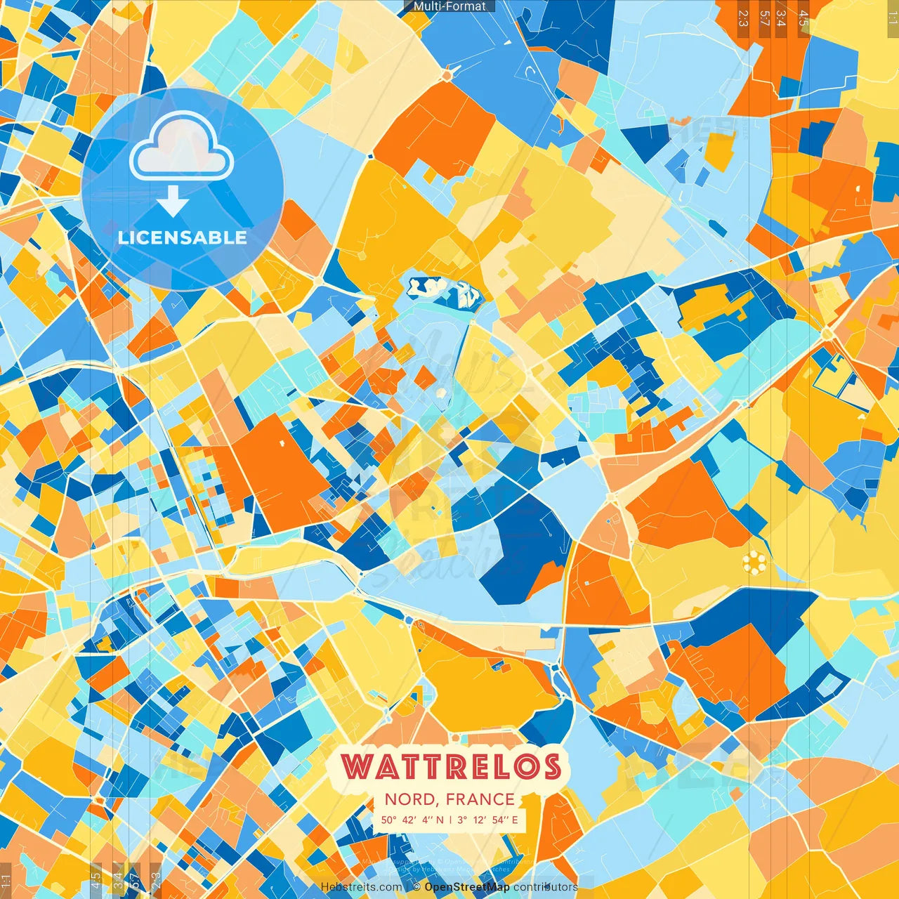 Wattrelos, Nord, France blue and orange vector art map template
