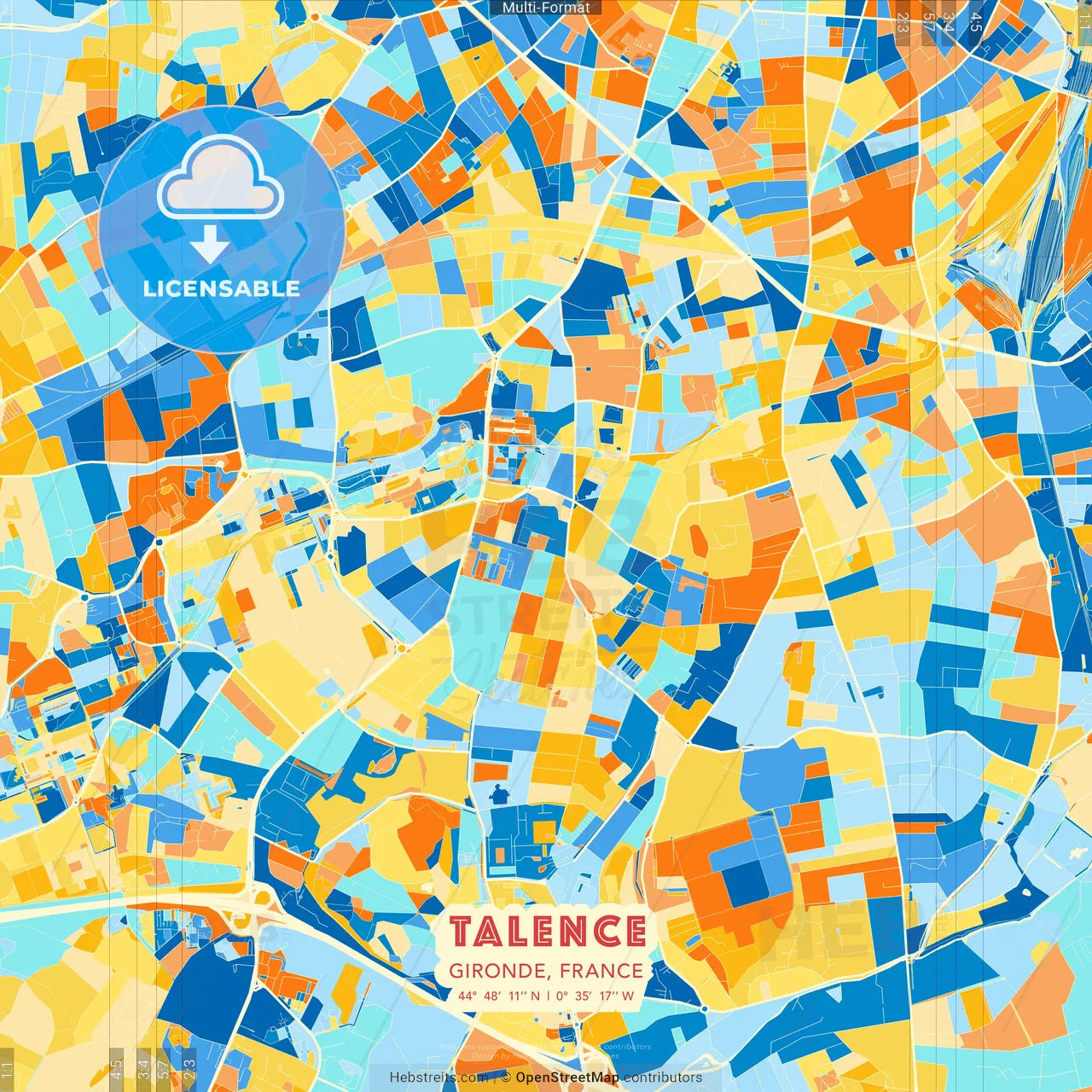 Talence, Gironde, France blue and orange vector art map template