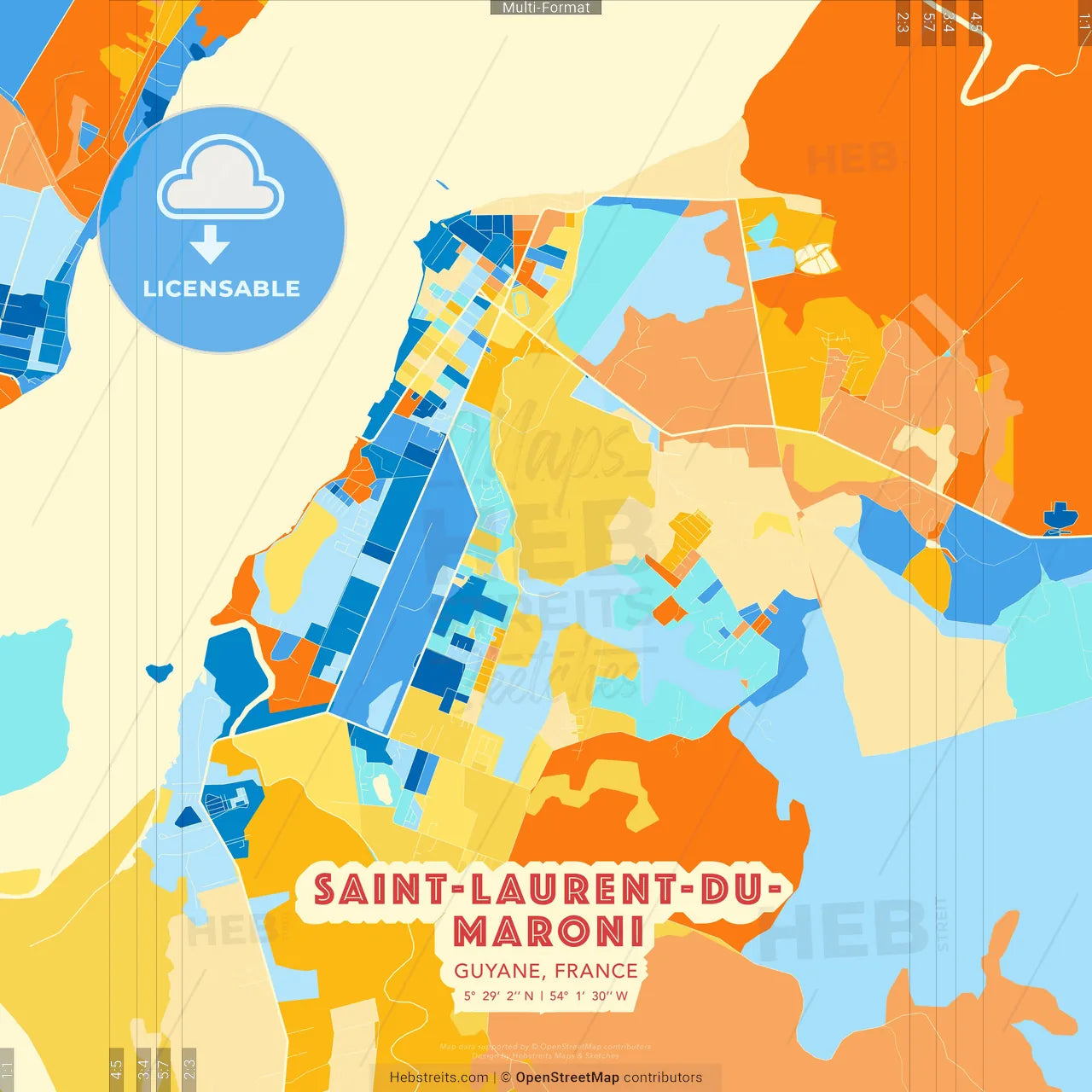 Saint-Laurent-du-Maroni, Guyane, France blue and orange vector art map template