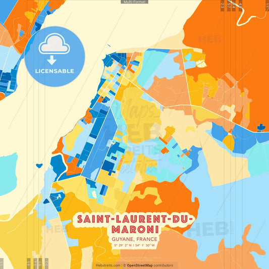 Saint-Laurent-du-Maroni, Guyane, France blue and orange vector art map template