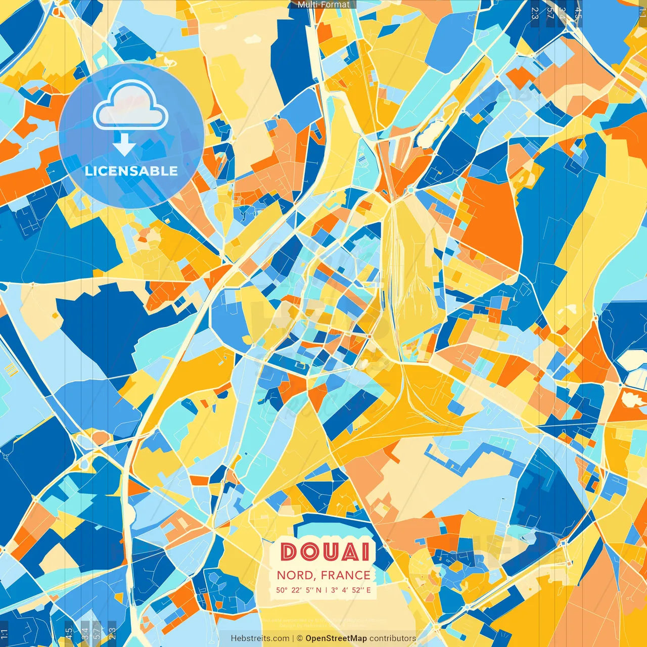 Douai, Nord, France blue and orange vector art map template