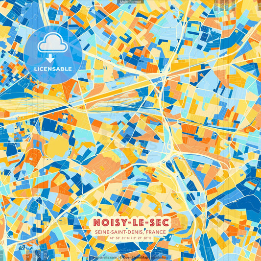 Noisy-le-Sec, Seine-Saint-Denis, France blue and orange vector art map template