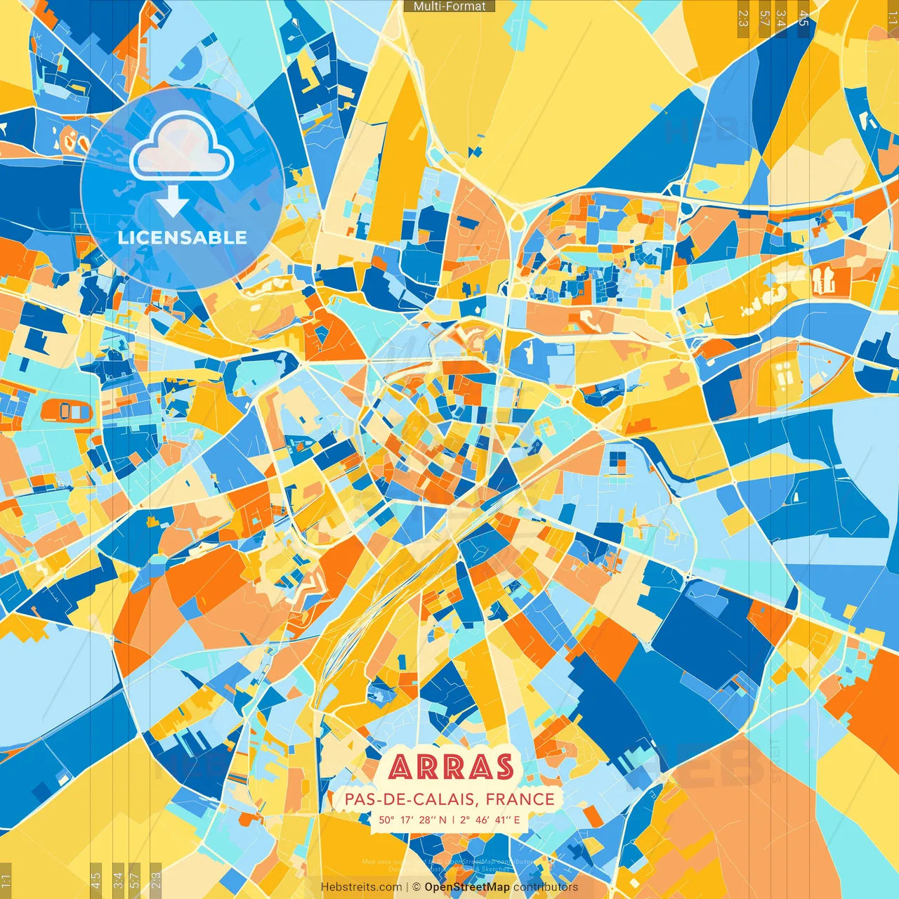 Arras, Pas-de-Calais, France blue and orange vector art map template