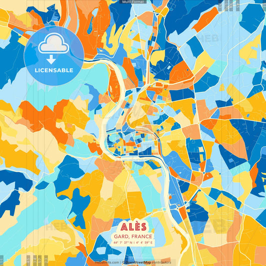 Alès, Gard, France blue and orange vector art map template