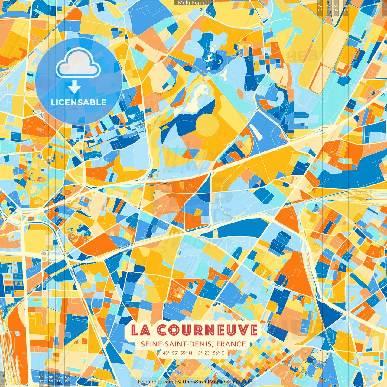 La Courneuve, Seine-Saint-Denis, France blue and orange vector art map template